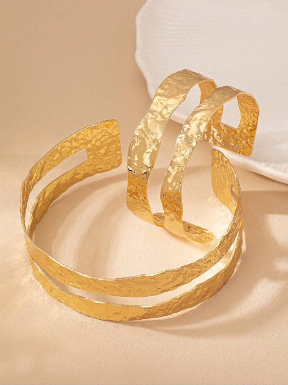 2pc Set Gold Textured Hammered Cuff Bracelet And Armlet - Picture 2 of 4